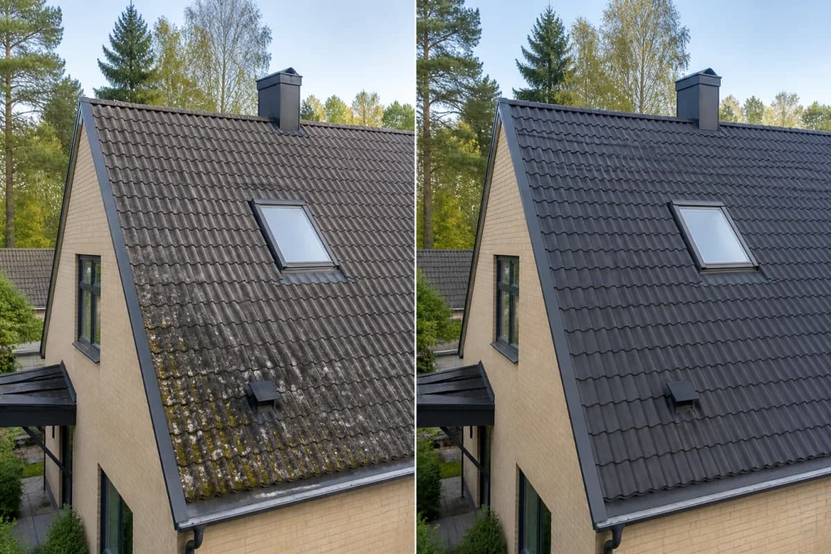 Före och efter taktvätt i Bromma