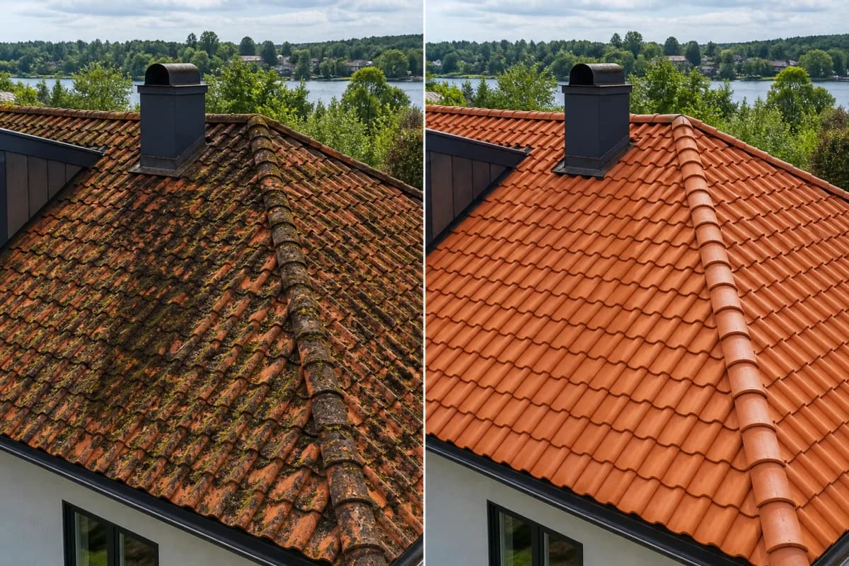 Före och efter taktvätt i Huddinge