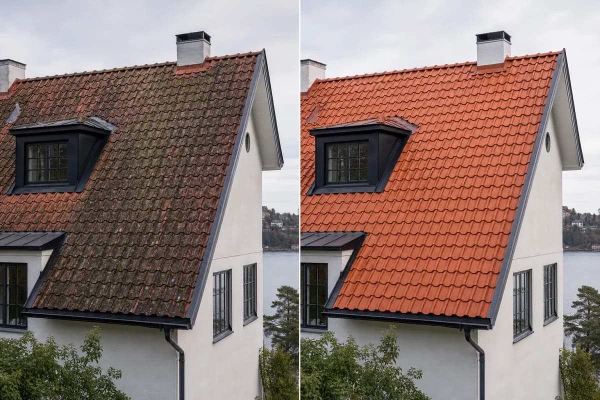 Före och efter taktvätt i Lidingö