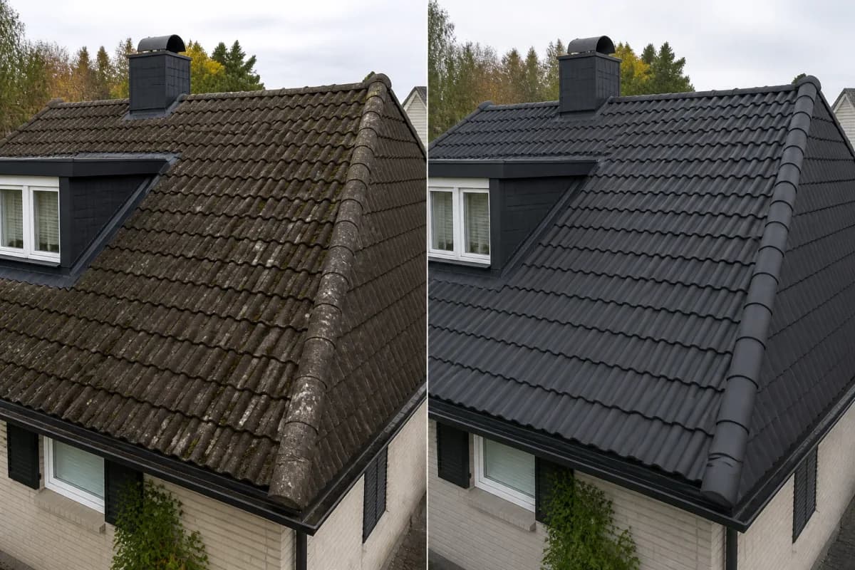 Före och efter taktvätt i Täby