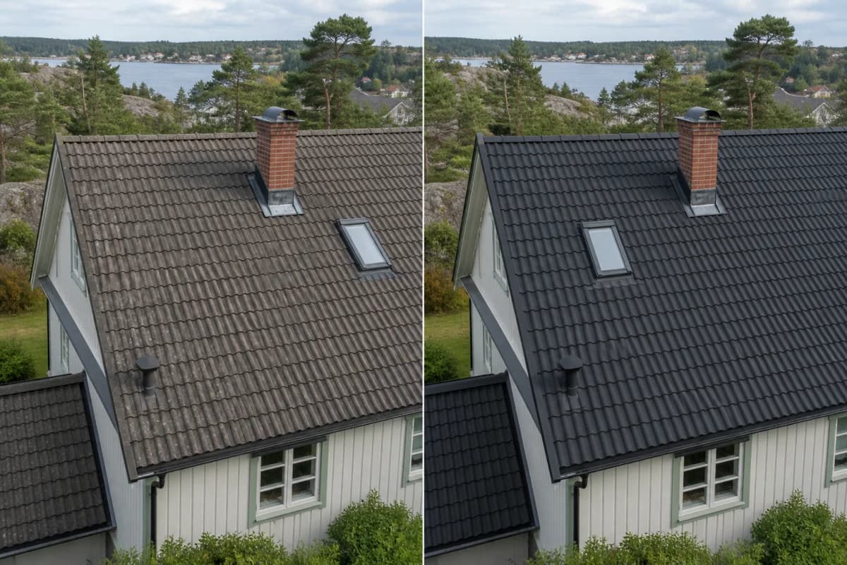 Före och efter takmålning i Saltsjö-Boo