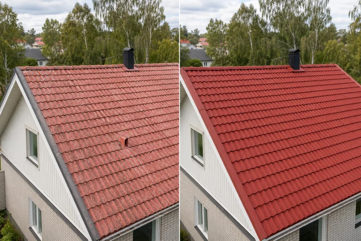 Före och efter takmålning i Vallentuna