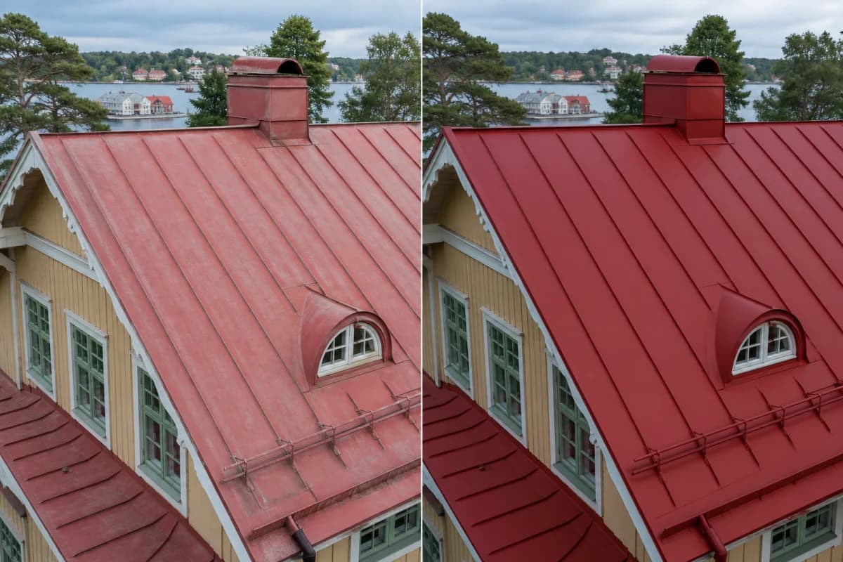Före och efter takmålning i Vaxholm