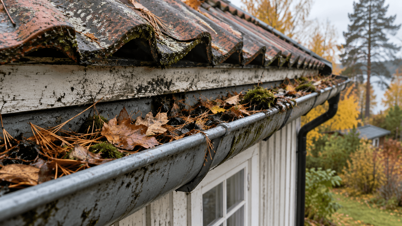 Hängränna fylld med löv, barr och mossa